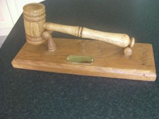 A Vintage Wooden Auctioneers Gavel,  25cm Long,  Brass Plate On Base