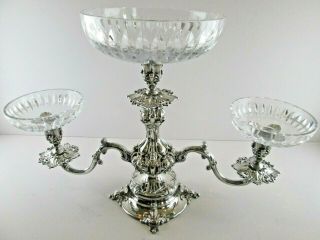 Reed & Barton Silverplate Epergne Centerpiece Candelabra Tazza,  Crystal Bowls