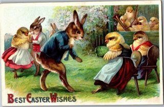 Best Easter Wishes Rabbits Chicks Dance Orchestra C1910 Vintage Postcard U13