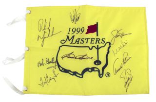 Masters Winners (9) Nicklaus,  Palmer,  Snead Signed 1999 Masters Flag Bas A57358