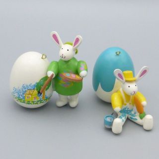 Vintage Wood Easter Bunny Rabbit Ornaments Painting Easter Eggs Set Of 2 By Avon