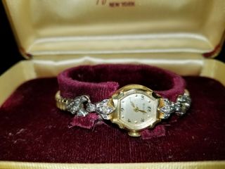 1953 Vintage Bulova Watch Princess Pat 14k Gold 17 Jewel 2 Diamonds
