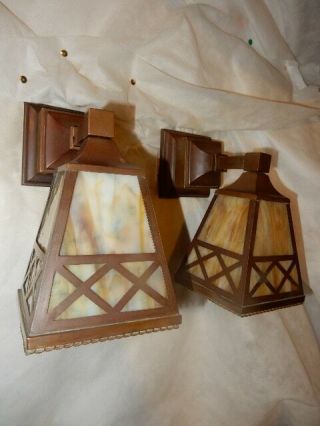 Simple Mission Style Arts And Crafts Sconces With Slag Glass Panel Shades