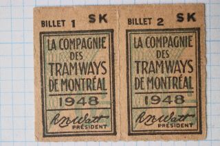 Montreal Tramway Train Trolley Car Ticket Stubs Railway Transit Fare 1948 Pair