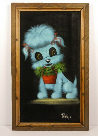 Vtg Black Velvet Framed Painting Blue Puppy Flower Basket Mcm Framed Pantoja
