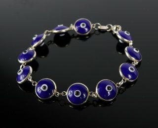 Vintage 925 Sterling Silver Round Eye Cobalt Blue Bead Link Tennis Bracelet 7.  2g
