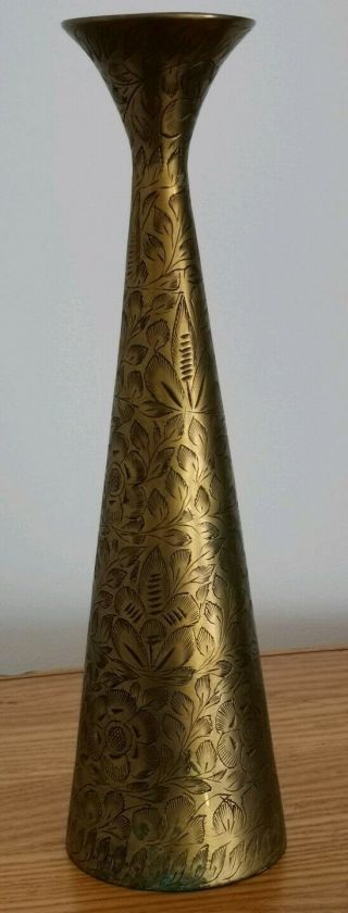 Vintage Brass Hand Etched Bud Vase Made In India