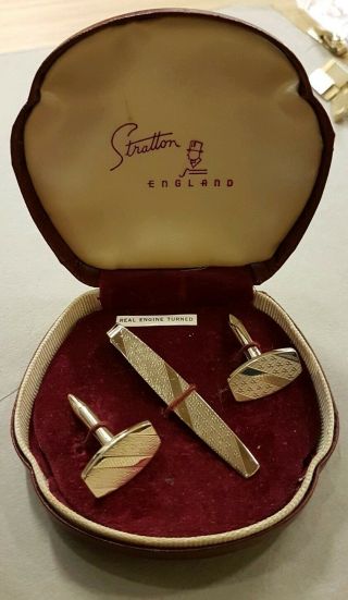 Vintage Stratton Gold Tone Cufflinks & Tie Pin Set In Hard Case.  Vgc