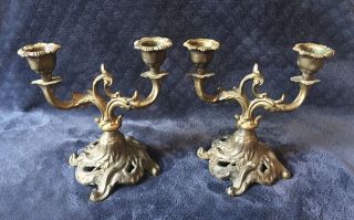 Antique Vintage Art Nouveau Patinated Brass Bronze Double Arm Candelabra Set