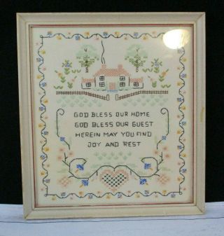 Vintage Framed Linen Cross Stitch Sampler God Bless Our Home 11 1/2 X 13