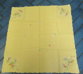 Vintage Handmade Linen Tablecloth Yellow Embroidered Flowers 33 " Inches Square