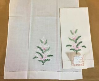 Two Vintage Tea Towels Or Guest Towels,  Embroidered Flowers,  Dots,  Pure Linen