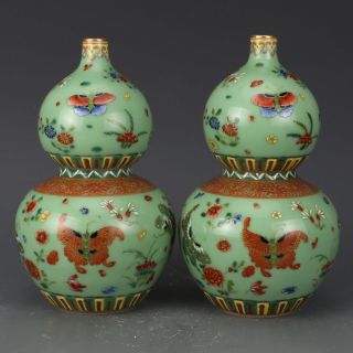 Chinese Old Pair Marked Famille Rose Gilt Butterfly Porcelain Double - Gourd Vases