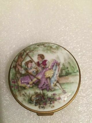 Vintage French Painted - Signed Compact Mirror - Porcelain & Brass - L