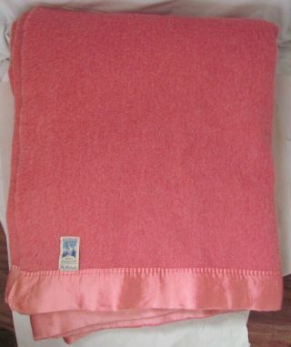 Vintage Kenwood Wo0l Products Salmon Pink Wool Satin Edge Blanket 72 " X 86 "