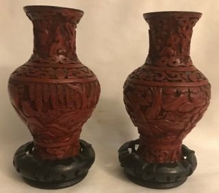 Antique Chinese Cinnabar Lacquer Hand Carved Vases 5” With Base