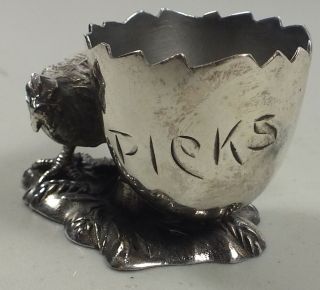 Vintage Silver Plate " Picks " Novelty Toothpick Holder Pecking Chicken Figural