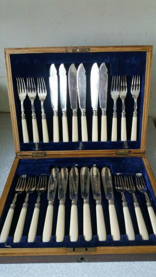 Antique 24 Pce Silver Plated Fish Knife & Fork Cutlery Set - Silver Collars 1922