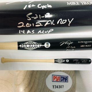 Mike Trout Signed,  3 Inscriptions Old Hickory Game Model Baseball Bat Psa,  Mlb