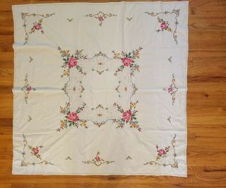 Vintage Tablecloth White Hand Cross Stitch Multi Colors Gorgeous