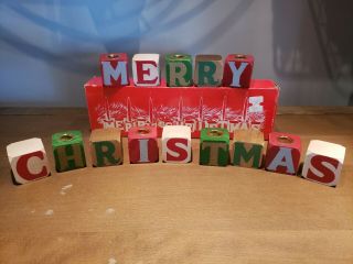 Vintage Wooden Block Merry Christmas Colonial Candle Taper Holders Rustic Decor