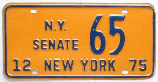 York 1975 State Senate License Plate,  Low Number 65,  Political,  Government
