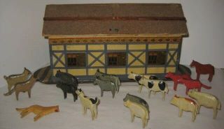 Old Antique Wooden German Noahs Ark W/ 17 Putz Animals For Christmas Village