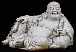 Antique Very Large Chinese Republic Period Signed Porcelain Buddha Statue