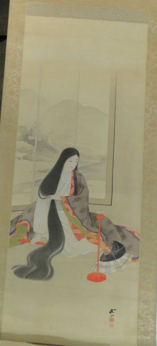 Antique Japanese Or Korean Asian Scroll Painting Beauty Geisha Haircut Signed Se
