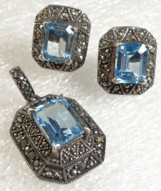 Vintage Sterling Silver Aqua Blue Faceted Stone Marcasite Pendant Earrings Set
