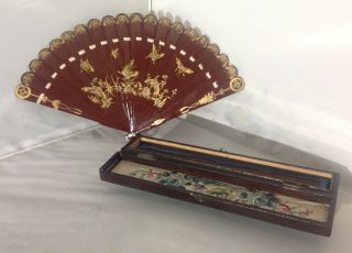 19th C.  Antique Chinese Hand Painted Gilt Gold Lacquer Fan