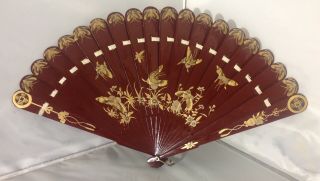 19th c.  Antique Chinese hand painted gilt gold lacquer fan 2