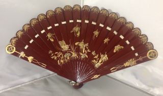 19th c.  Antique Chinese hand painted gilt gold lacquer fan 3
