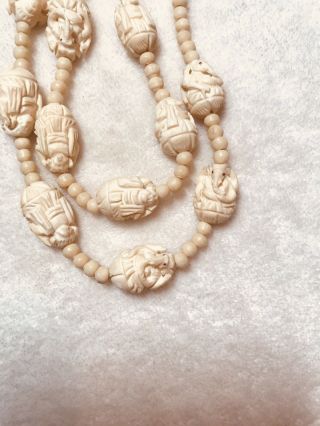 Vintage Bovine Carved Bone Beads And 12 Elaphants Necklace