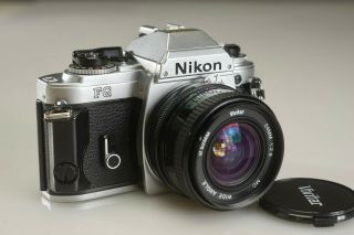 Vintage 35mm Film Camera Nikon Fg With Vivitar 24mm F/2.  8 Wide Angle Lens