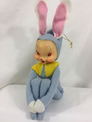 Vtg Blue Felt Knee Hugger Christmas Easter Bunny Elf 7” Sit Up Mid Century Japan