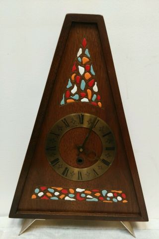 Vintage Mid Century Modern Wood Brass Clock Art Deco Made In France