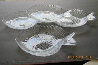 4 Vintage Fish Shaped Pasabahce Marine Clear Glass Embossed Plate Dish Turkey