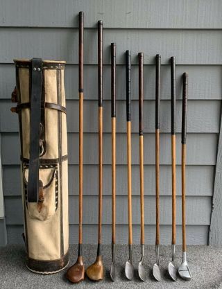 Set Of Antique Hickory Wood Shaft Golf Clubs And Vintage Stovepipe Bag