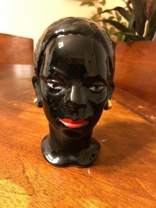 Vintage African American Lady Head Vase With Gold Colored Earrings