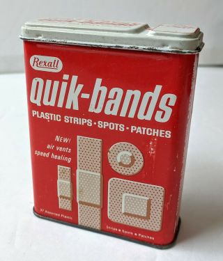 Rexall Quik Bands Band Aids Tin Vintage Red,  White Metal