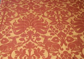 Antique Vintage Fabric Unpicked Curtain - Cotton Damask Heraldic 1.  75m X 122cm