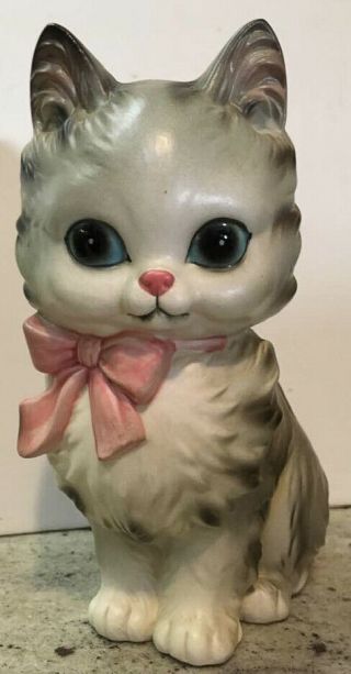 Vintage Josef Originals Japan Large 8 " Tall Grey Persian Kitten Cat Pink Bow