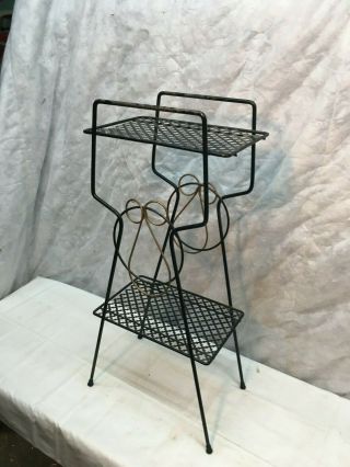 Vintage Wire Plant Stand Mid Century Modern Black Metal Rack Side Table 2 Tier