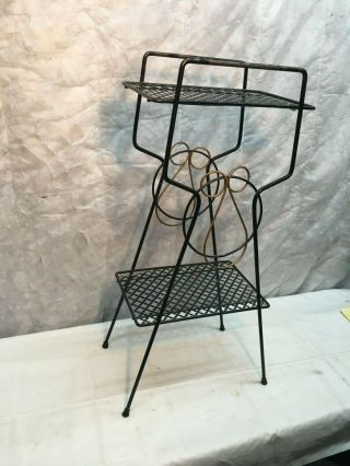 Vintage WIRE PLANT STAND mid century modern black metal rack side table 2 tier 2