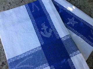Vintage French Torchon Tea Towel Blue Stripes Nautical Theme Exc