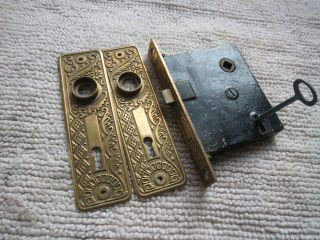 Eastlake Victorian Brass Antique Lock Set Ornate,  Key Mortise Escutcheons