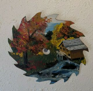 Vtg 6.  5 " Hand Painted Circular Saw Blade Folk Art Signed Mill On River In Fall
