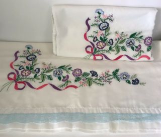 Charming Hand Embroidered Pillowcases With Flowers And Bow Vintage