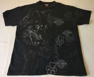 Vintage Harley Davidson Cycles T Shirt Wolf Size Large Paw Print Black